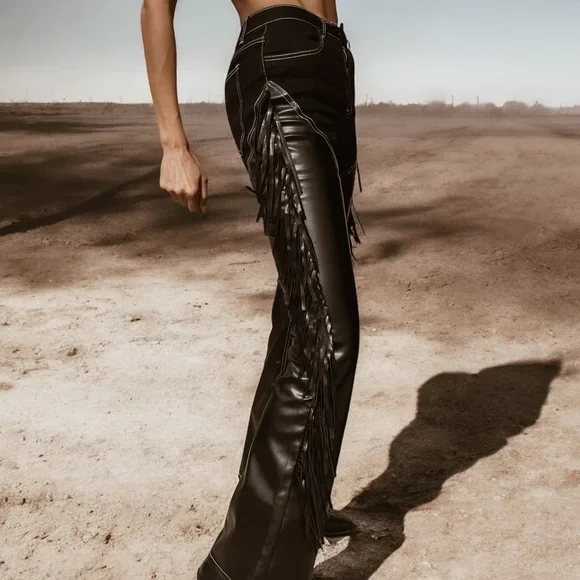 Western cowgirl chaps jeans, fringe denim, festival fringe pants - Picture 7 of 10